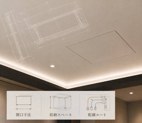 プロジェクター昇降機の天井開口寸法と納まり確認イメージ