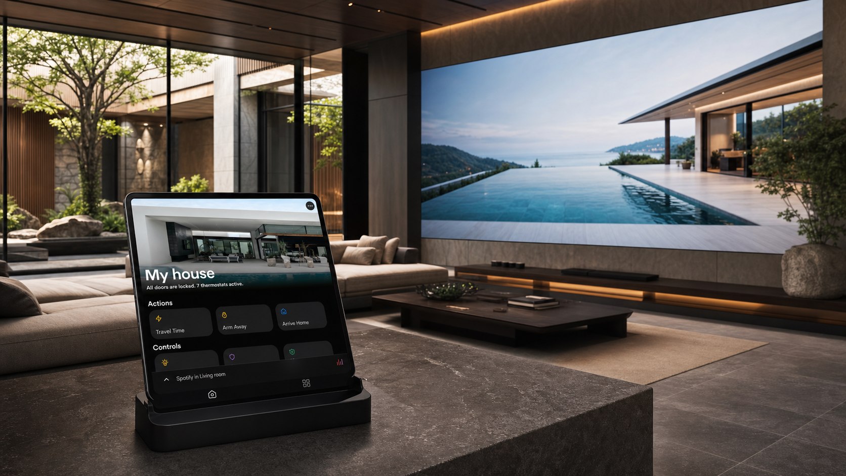 Crestron HomeをiPadで操作するスマートホームと大型dvLEDのあるリビング