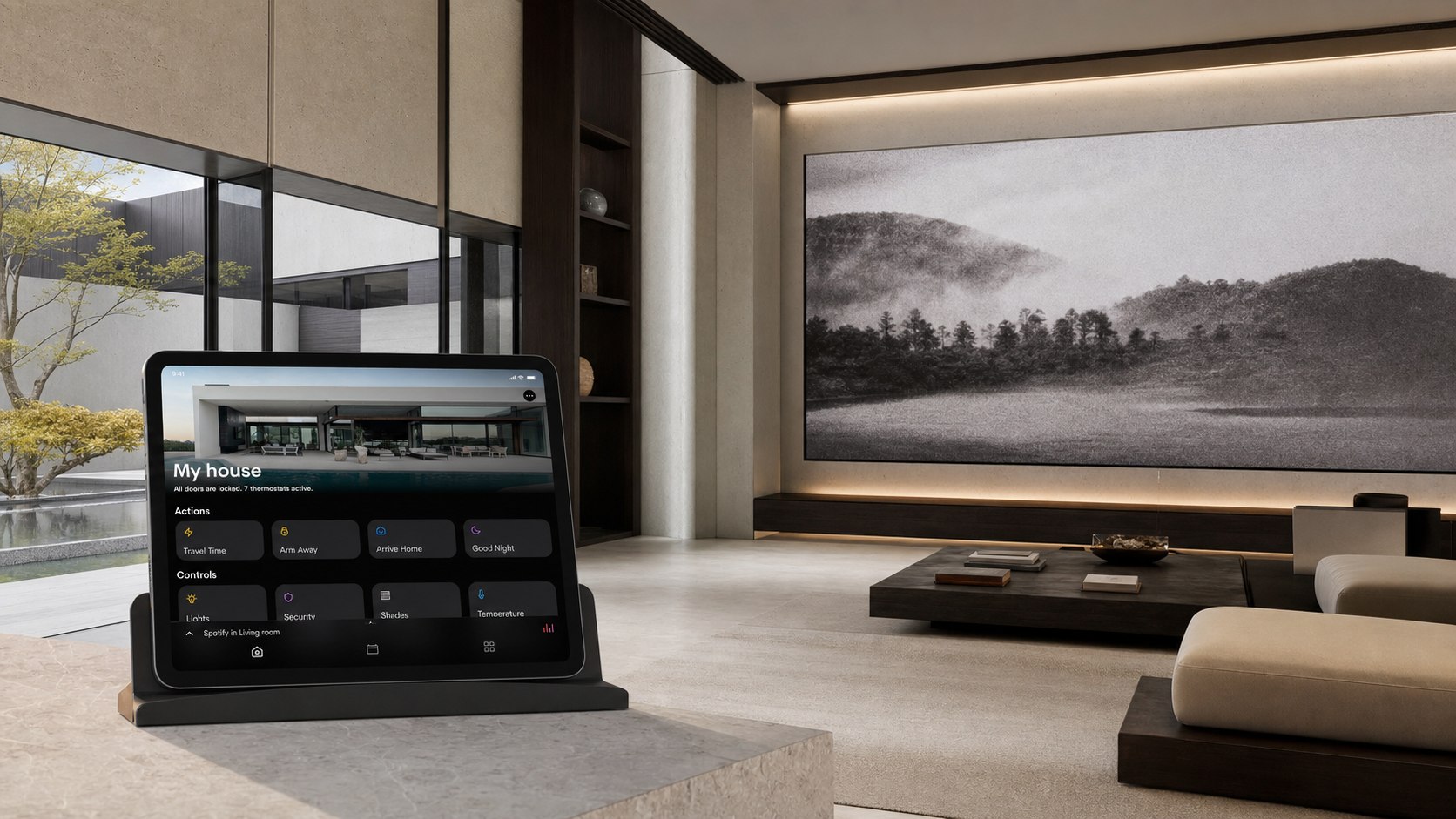 Crestron HomeのiPad操作画面と建築に溶け込む大型dvLEDのスマートホーム