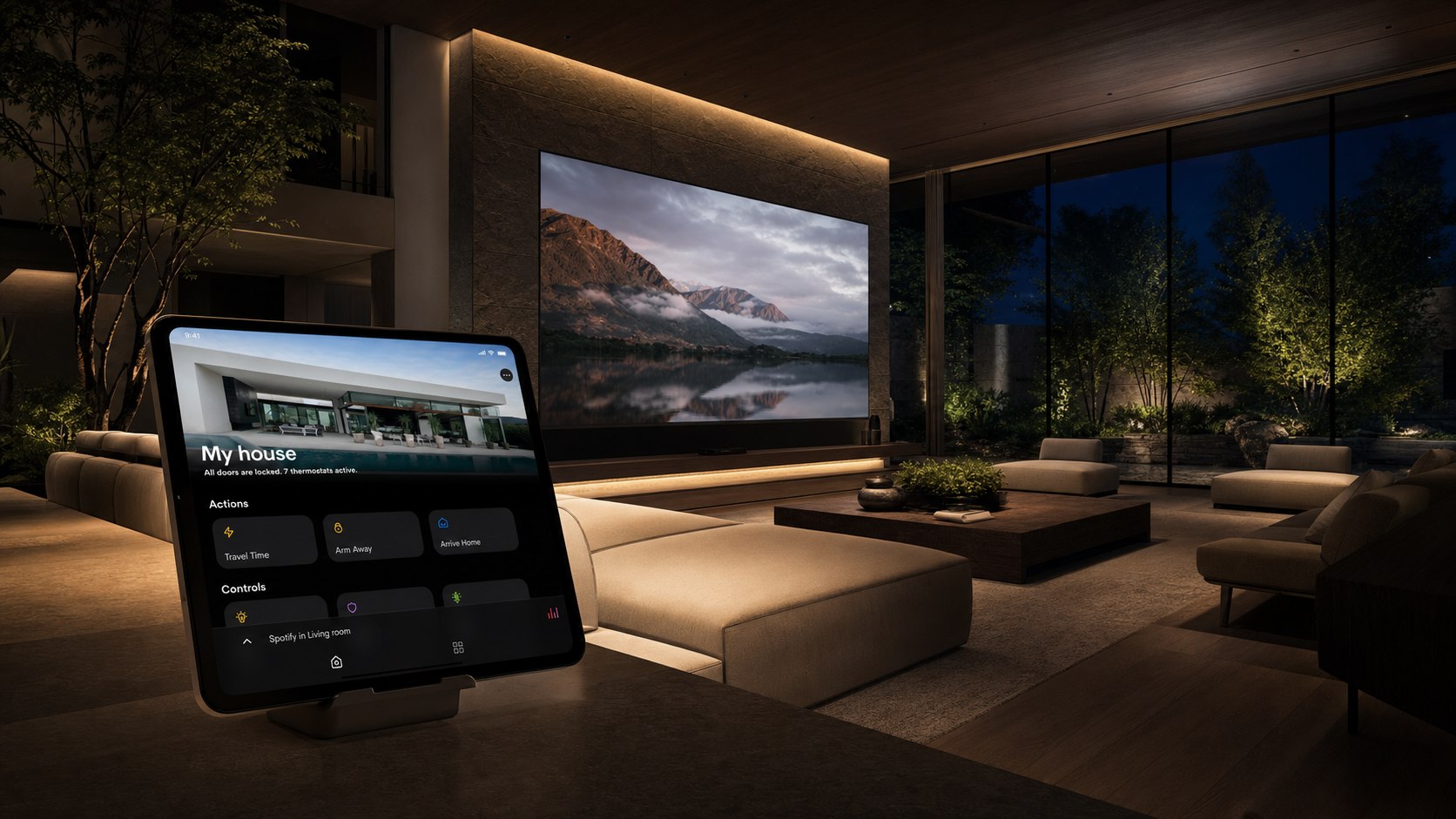 Crestron Homeで照明と大型dvLEDを統合操作する夜のスマートホーム