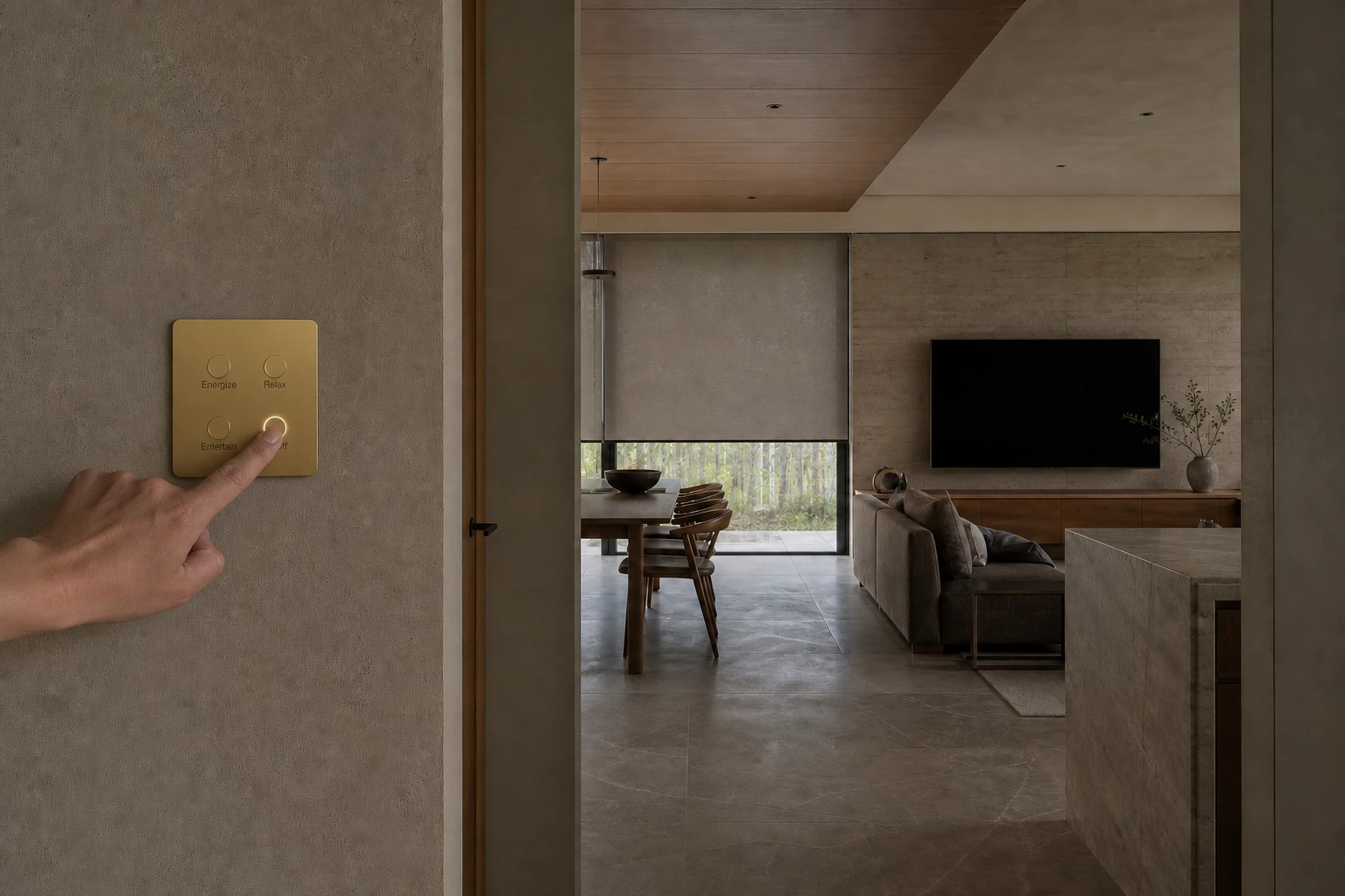 Lutron HomeWorks Alisseの1ボタンで住宅を外出モードへ切り替える様子